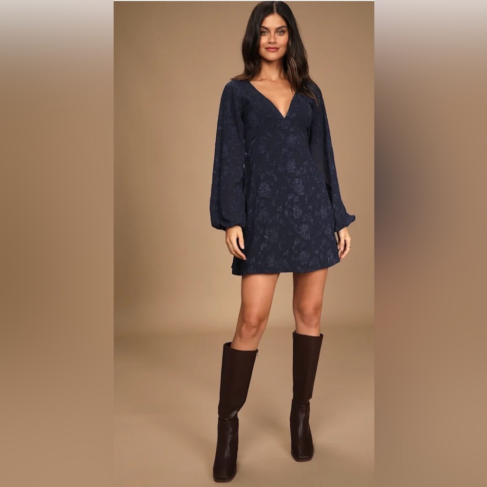 Lulu's Chic Way Navy Blue Jacquard Floral Boho Long Sleeve Mini‎ Dress Size S